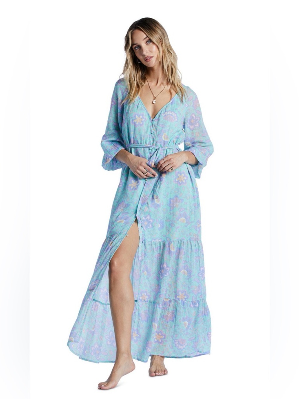 BILLABONG Size S Cotton Daring Heart Floral Maxi Dress LONG SLEEVE BELTED